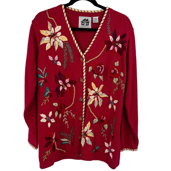 Vintage Storybrook Knits Long Sweater Cardigan Embroidered Poinsettia Large - Picture 1 of 10